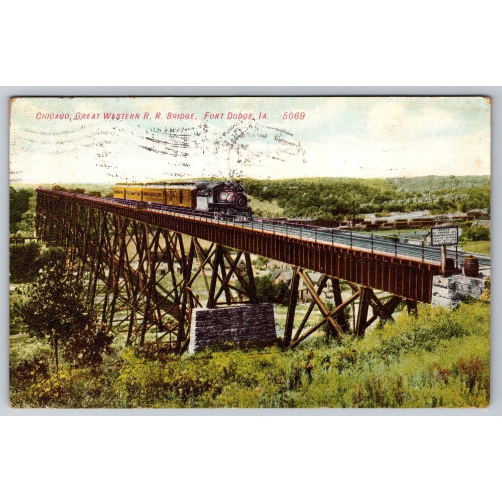 1909 Chicago Great Western RR Bridge Fort Dodge Iowa Train Postcard E.C. Kropp
